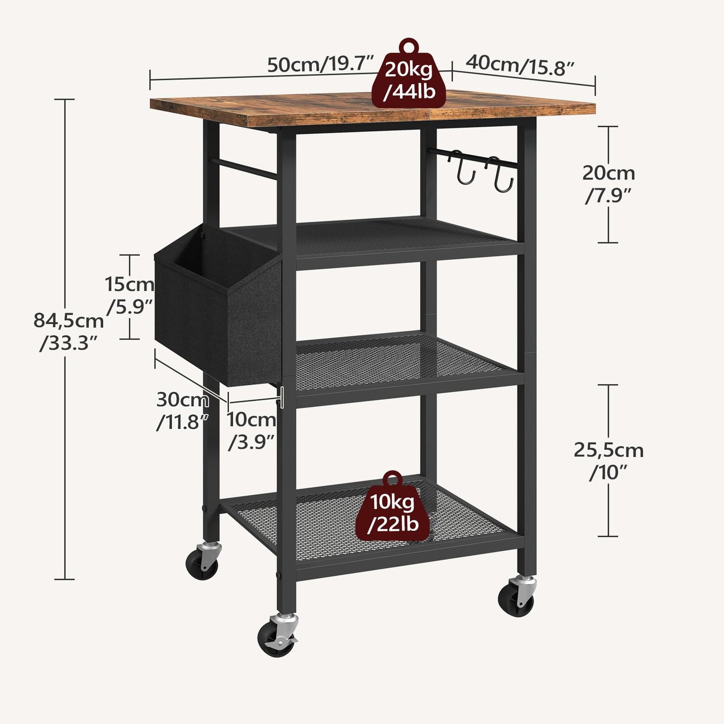MAHANCRIS 4-Tier Printer Stand, Rolling Printer Table on Wheels, Industrial Storage Stand with Side Pocket, Wooden Tabletop