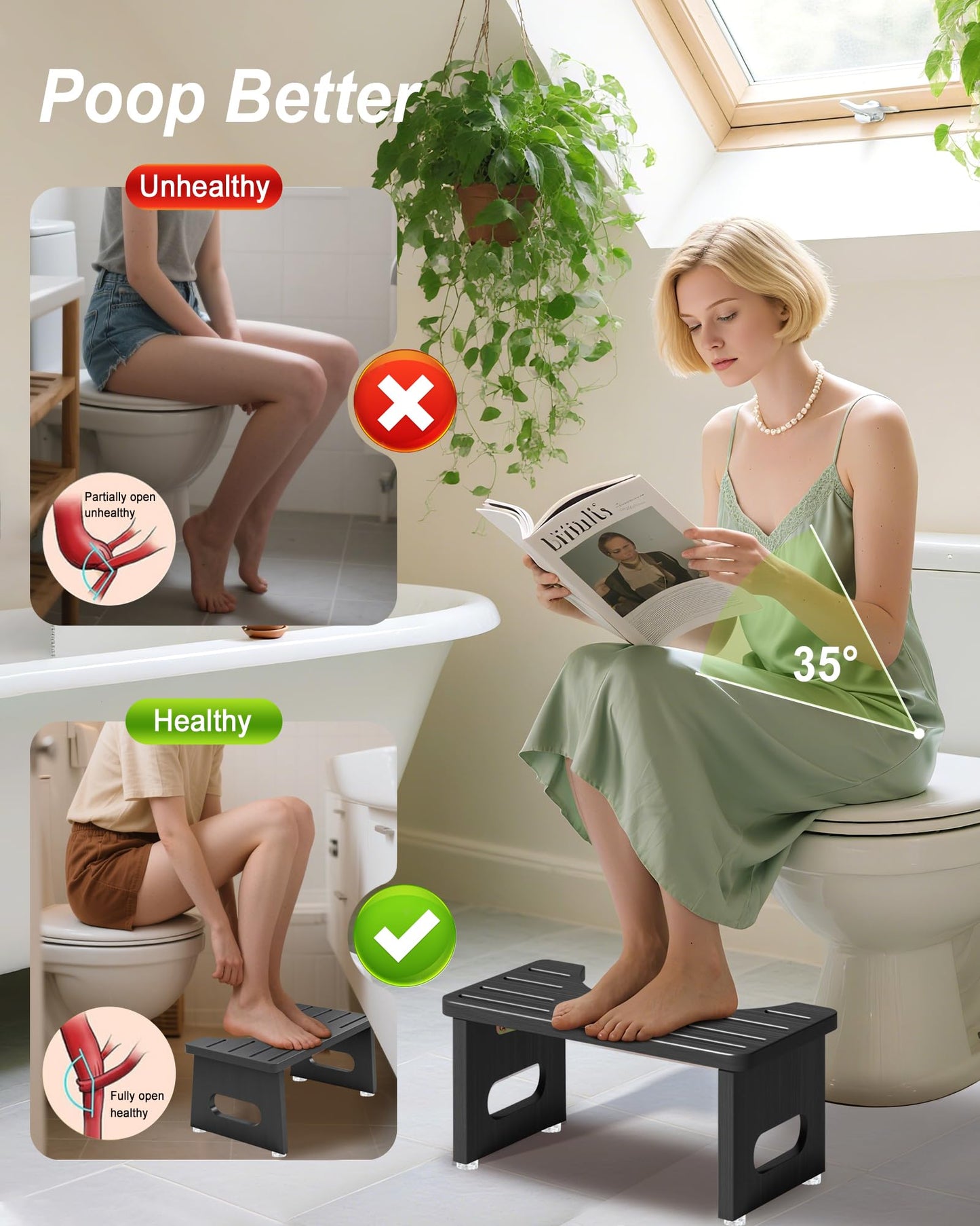 Foldable Toilet Stools, 17.8 CM Wooden Toilet Stool with Anti-Slip Feet, Space Saving, 35° Durable C Shaped Stool (Black)