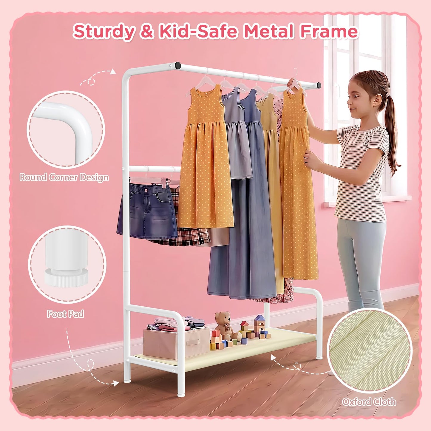KEEGH Double Rod Kids Clothes Rail with Storage Shelf for Bedroom Playroom