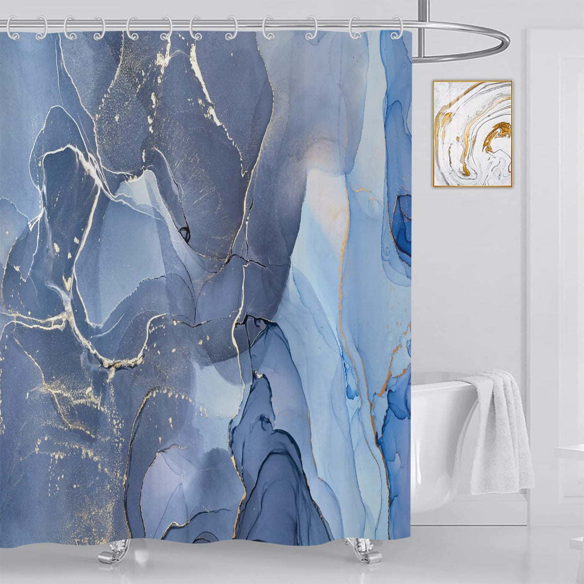 ASDCXZ Shower Curtain Blue Gold Marble 180x200 cm, Modern Abstract Blue Gold White Marble Optic Texture Washable Shower Curtains Polyester Textile