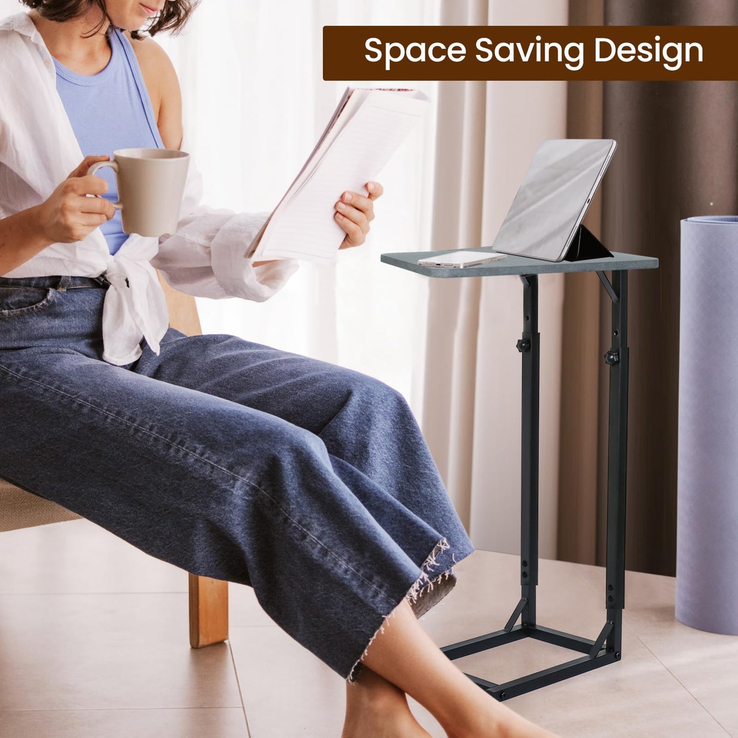 OFIDELITY Side Table, Height Adjustable C Table, End Table for Sofa, Couch & Bedside