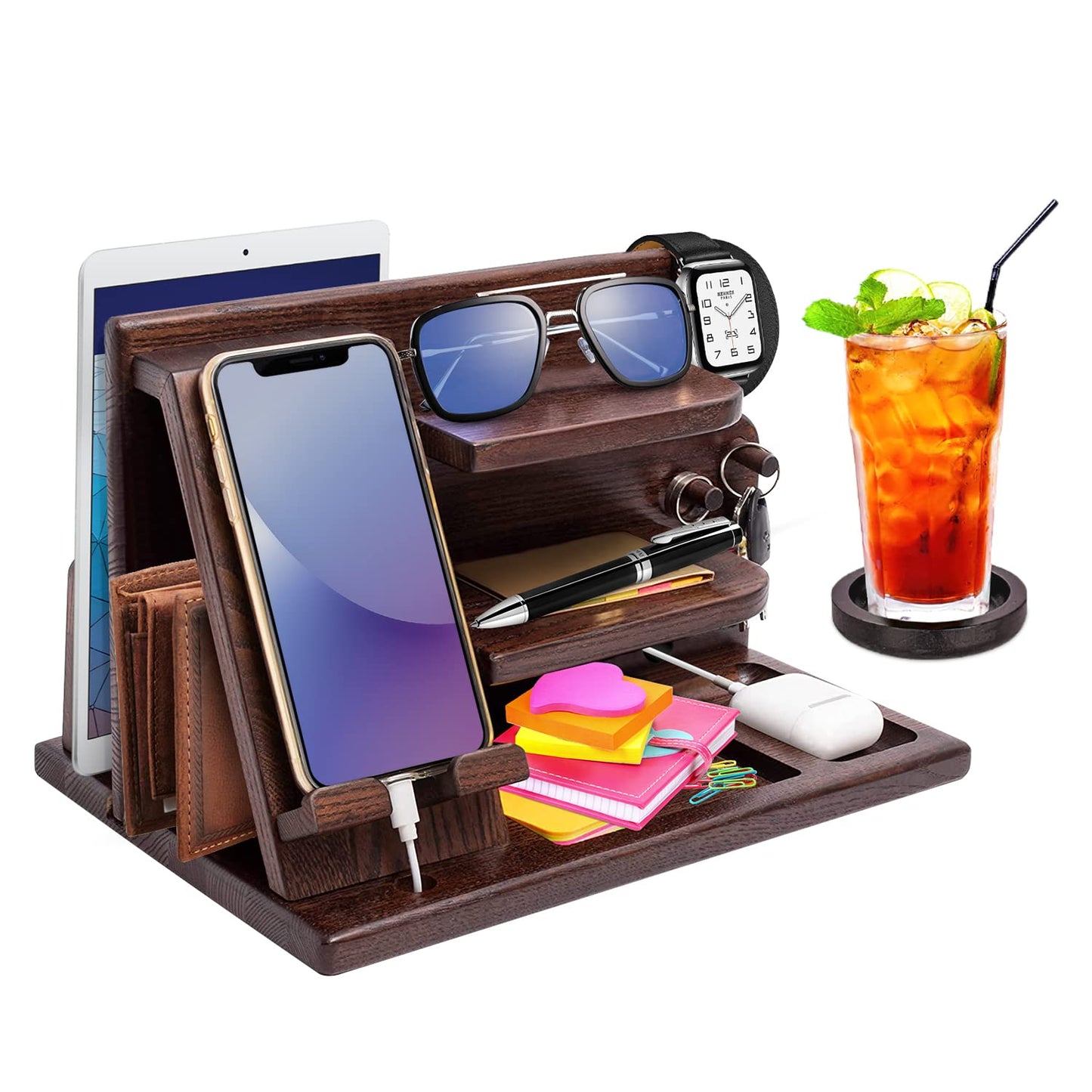 AliveByte Men's Bedside Organiser - Wooden Phone Docking Station & Table Organiser - Brown - 3 Levels - Easy Assembly - Gift for Him