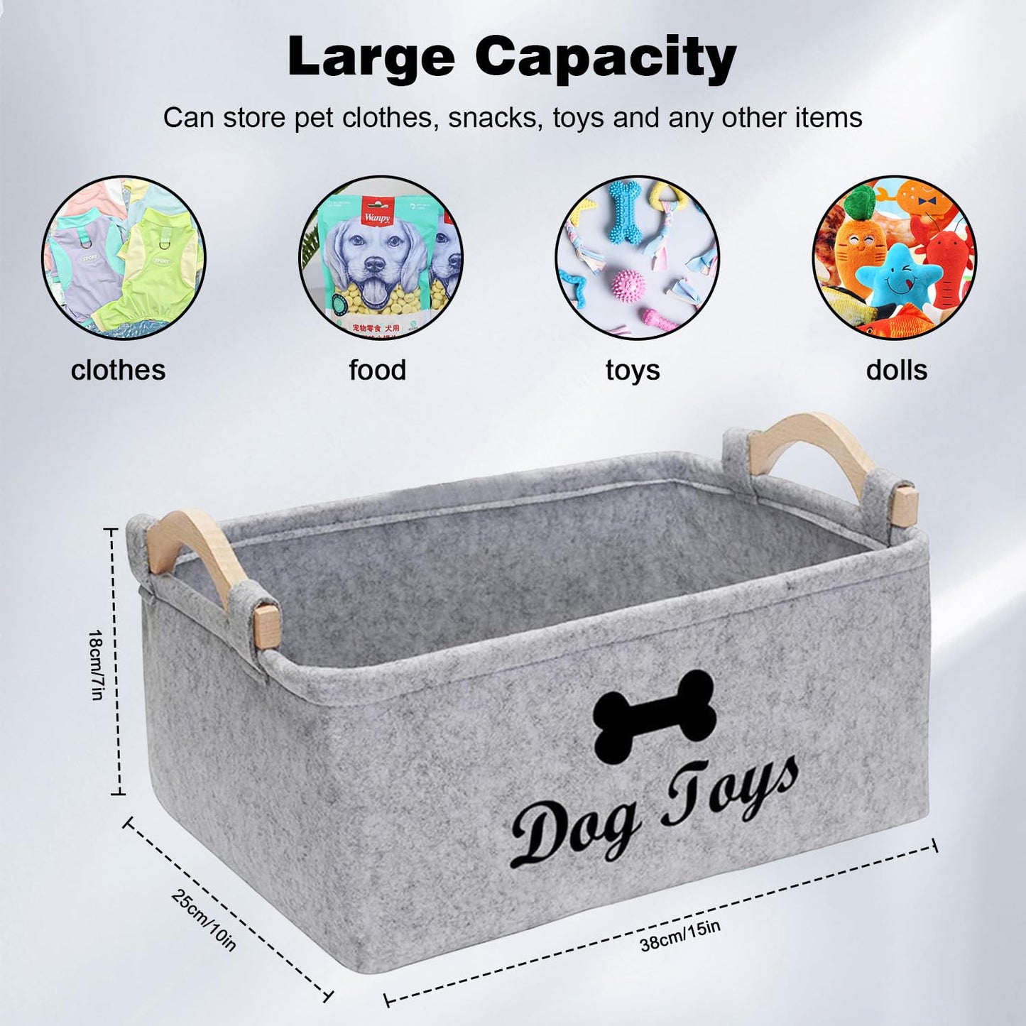 Onperpoe Dog Toy Basket with Wooden Handle, Collapsible Dog Toy Box Puppy Toys Box for Dogs, Pet Supplies Storage Basket, Dog Toys Storage