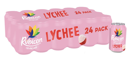 Rubicon 24 Pack Sparkling Lychee Flavoured Fizzy Drink with Real Fruit Juice, Handpicked Fruits for a Temptingly Intense Taste "Made of Different