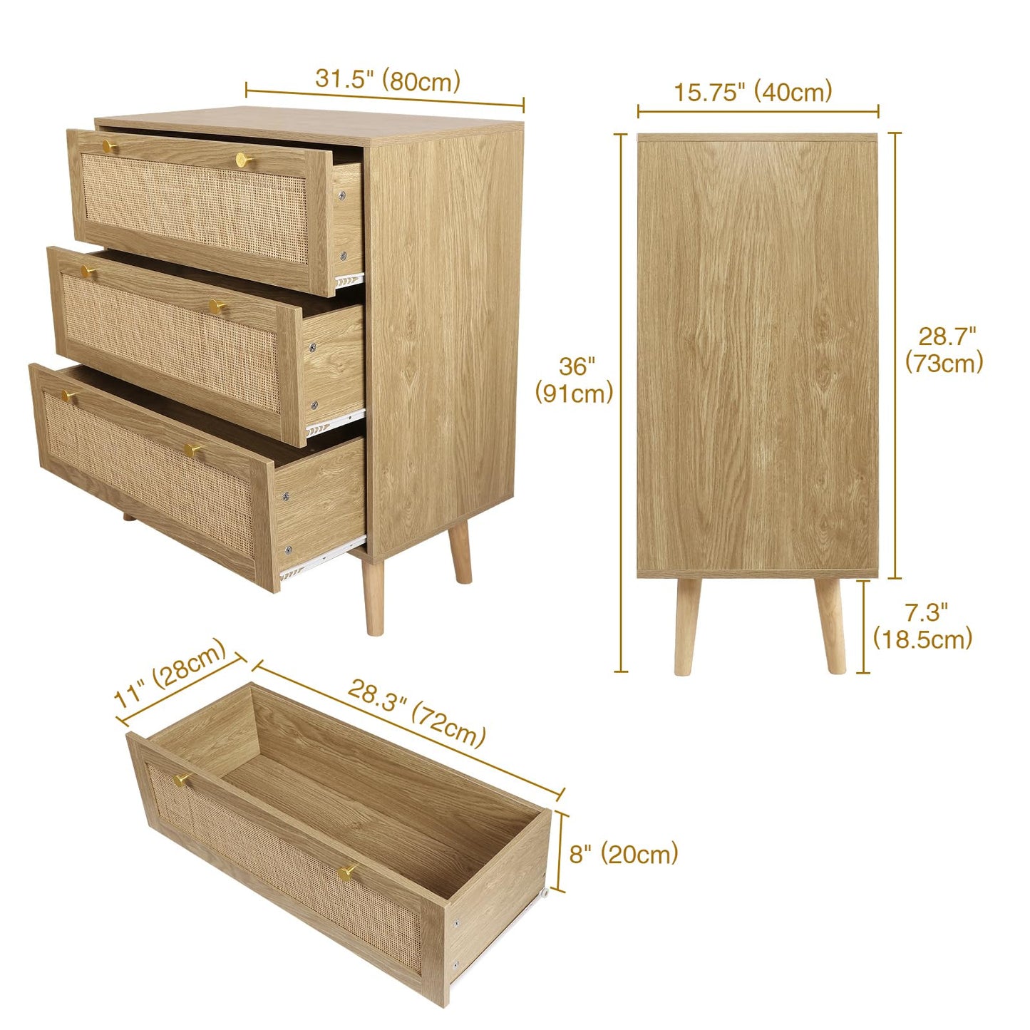Skokliz Tall Chest of Drawers Bedroom, Rattan Slim Chest of 3 Drawers Clothing Storage Cabinet Cupboard Storage Organiser Unit Bedroom Furniture