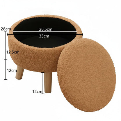 Perclyzm 13 Inch Round Storage Stool With Lid, Teddy Fleece Footstool With Storage, Padded Pouffe With Solid Wood Legs