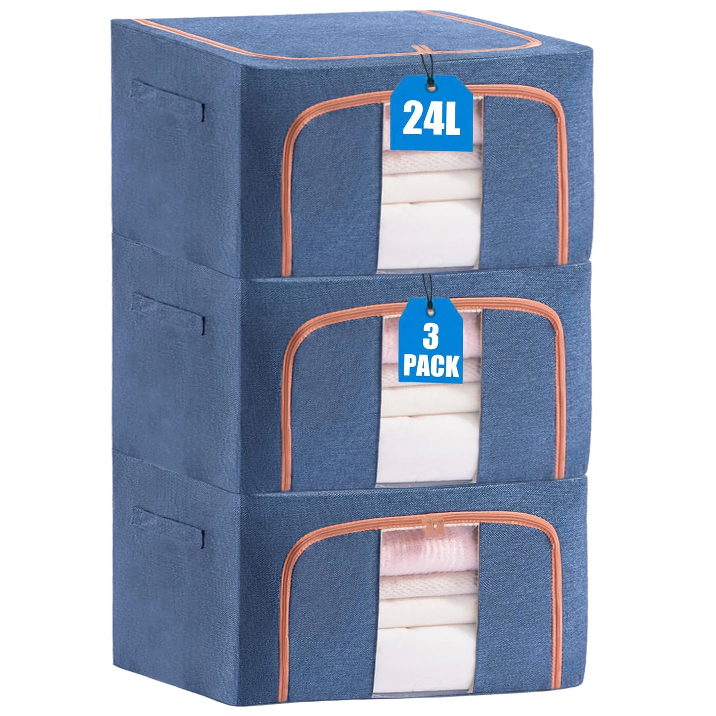 KXF Clothes Wardrobe Storage Organiser Boxes 3 Packs Waterproof Stackable Foldable Oxford Cloth Steel Frame Closet Clothing Storage Bag Clear Window