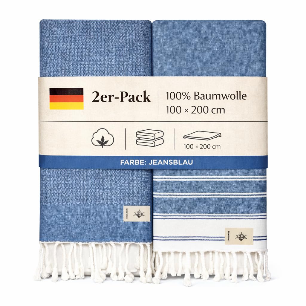 NOUR Hammam Towel Beach Towel Pack of 2 Large 100 x 200 cm 100% Cotton Picnic Blanket Sauna Towel Extra Light Absorbent Quick Drying Sand-Free