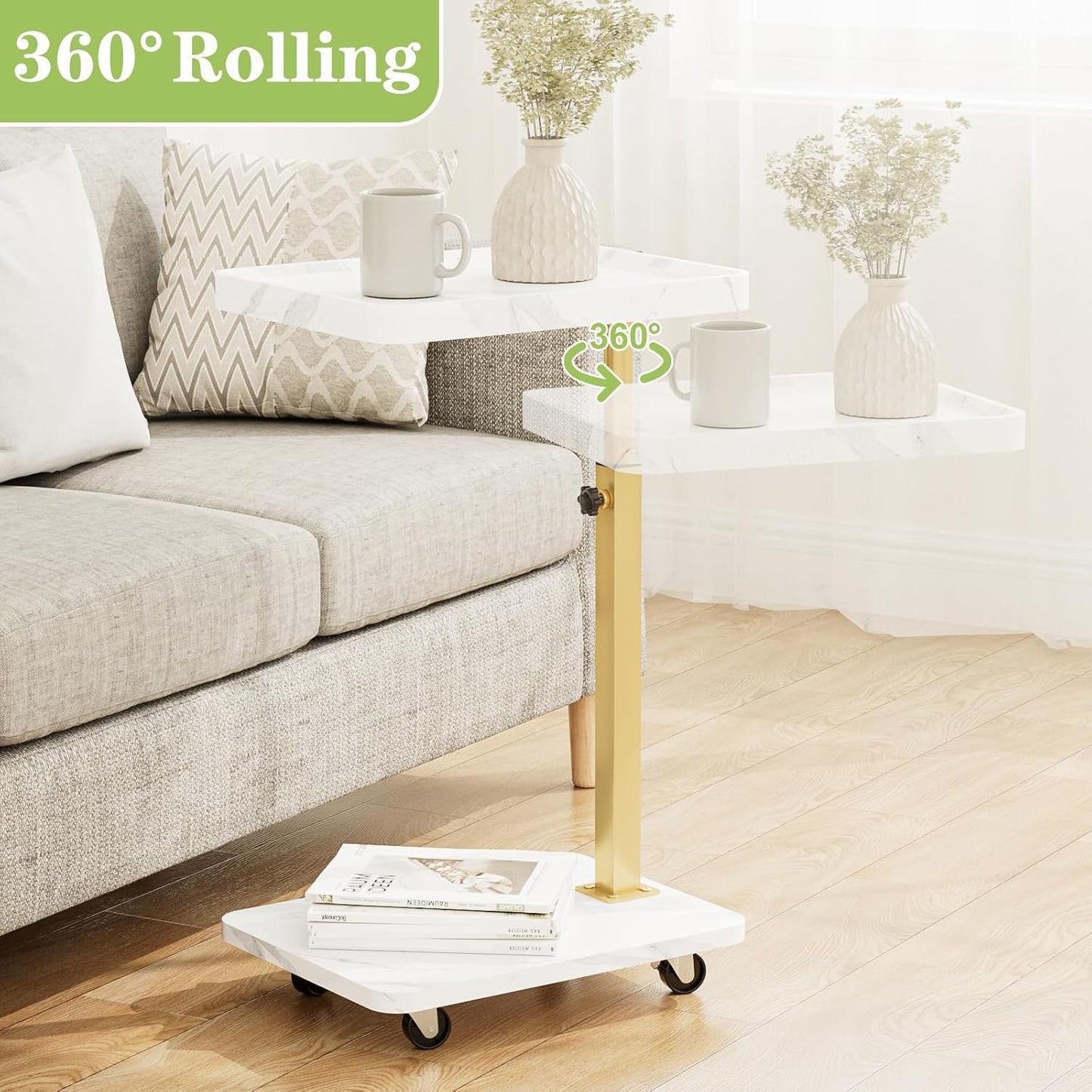 C-Shaped Side Table, Height Adjustable Sofa Table, 360° Swivel Tray Table