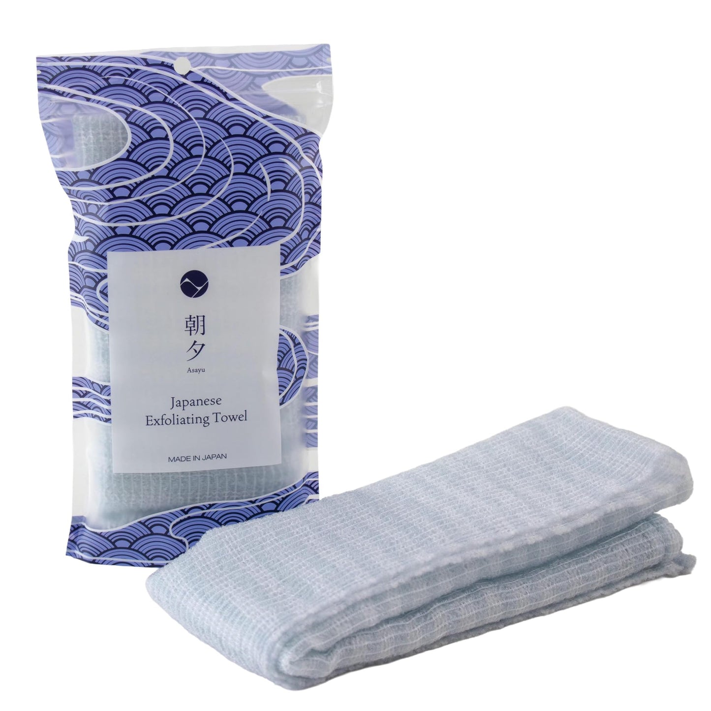 Asayu Japan Japanese Exfoliating Towel, Soft Surface Body Washcloth, Long Back Scrub Cloth for Shower and Bathroom - Light Blue x White