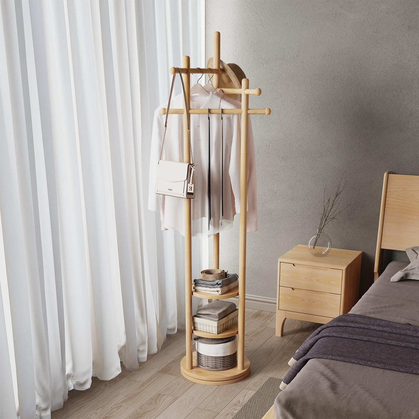 AQIMUELE Coat Stand, Woodem Coat Rack Stand with 3 Storage Shelves, Freestanding - Rotatable Coat Hanger Stand, Sturdy and Easy Assembly for Hallway