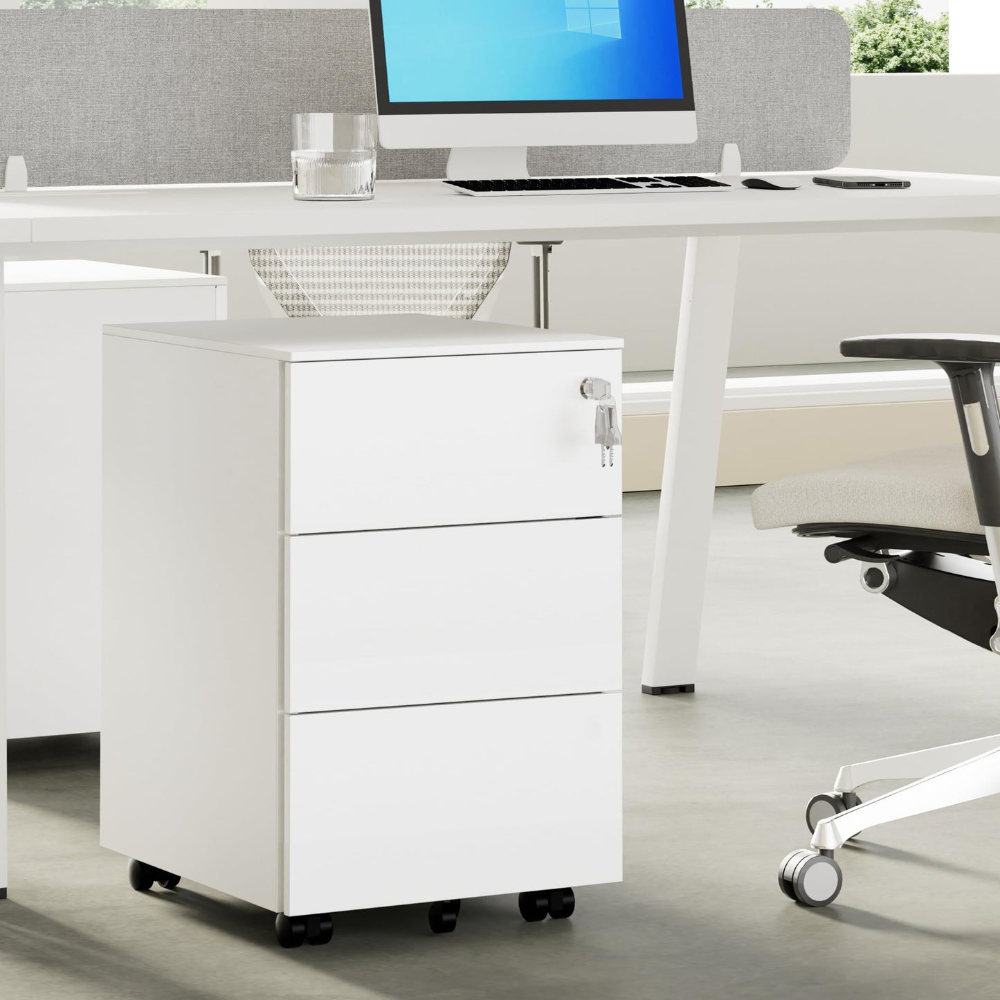 HOMSTEEL Mobile File Ccabinet, Filing Cabinet with 1 Lock, 4 Keys, 3 Drawers, Metal Cabinet, Pre-assembled, for Office, Home Office, White