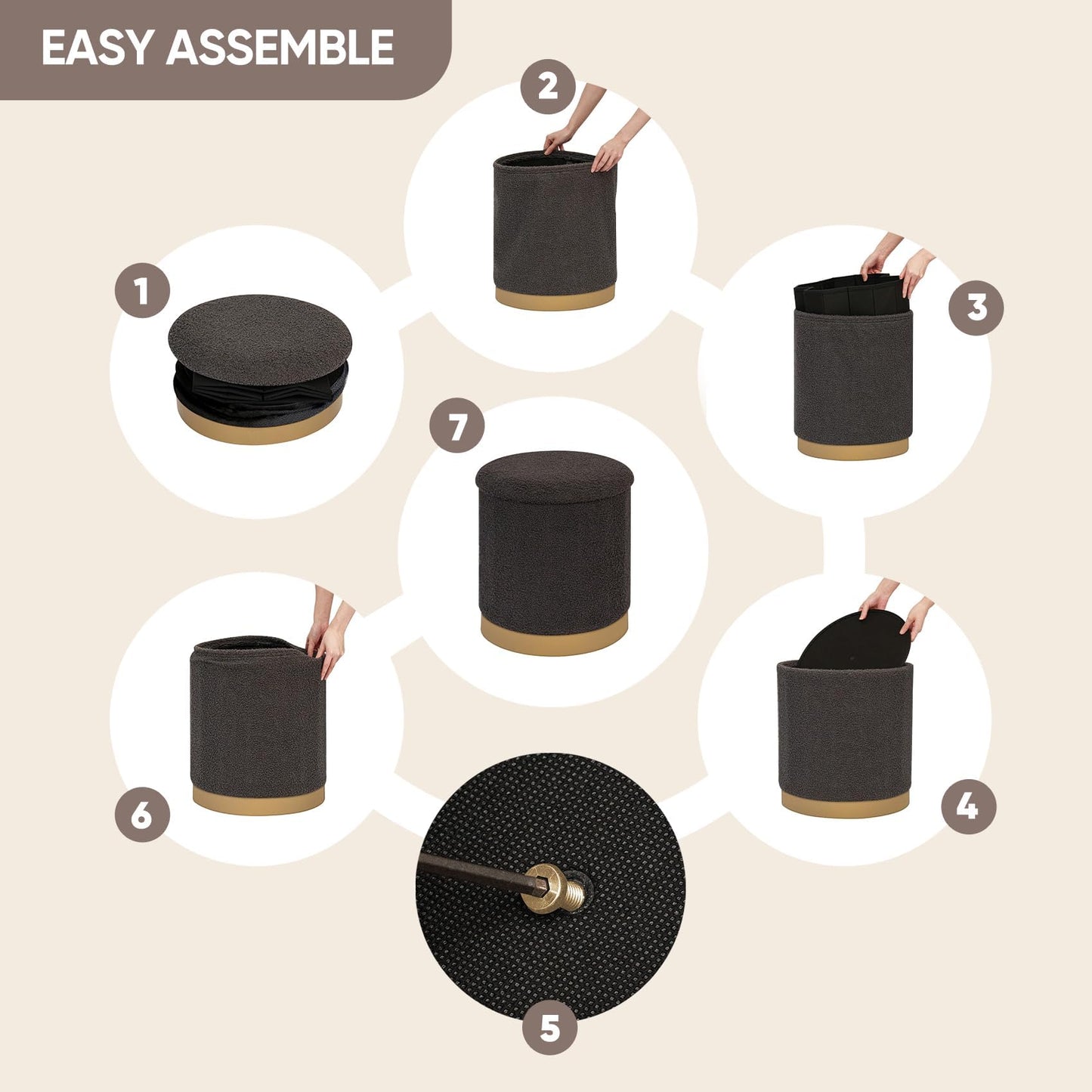 Bonlife Round Ottoman with Storage, Folding Footstool with Coffee Table