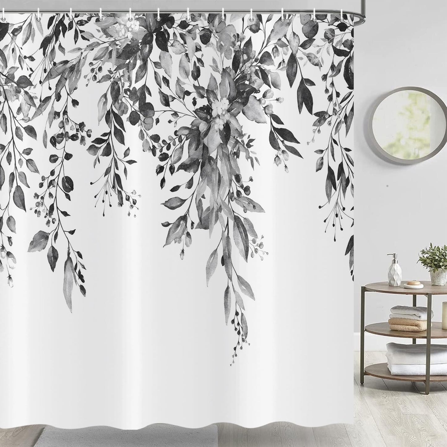 ASDCXZ Black Eucalyptus Shower Curtain 180x200 cm, Spring Watercolor Eucalyptus Leaves Floral Plants Waterproof Bath Curtain Polyester Textile