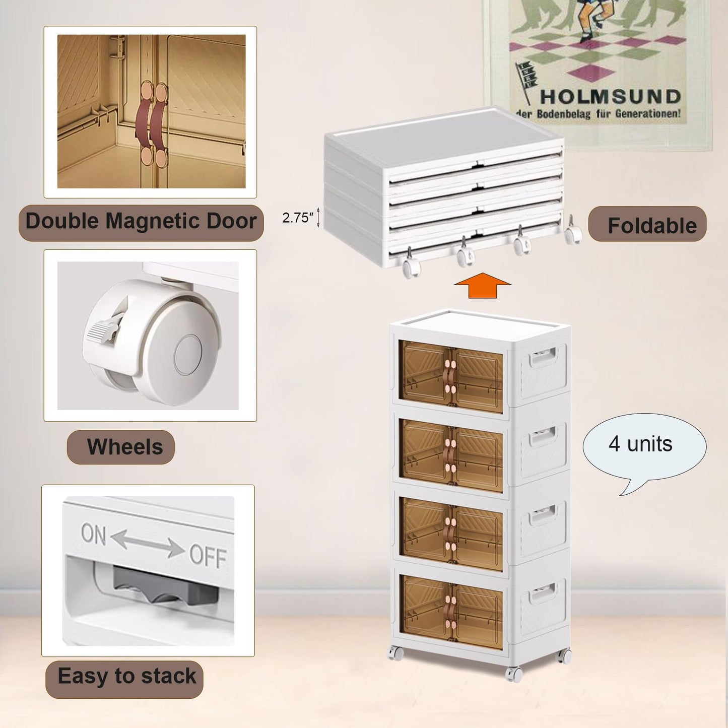 Collapsible 3x34L Cube Storage Bins (4-Pack) | Stackable Plastic Organisers with Lids for Closet & Underbed | Space-Saving Foldable Cabinets
