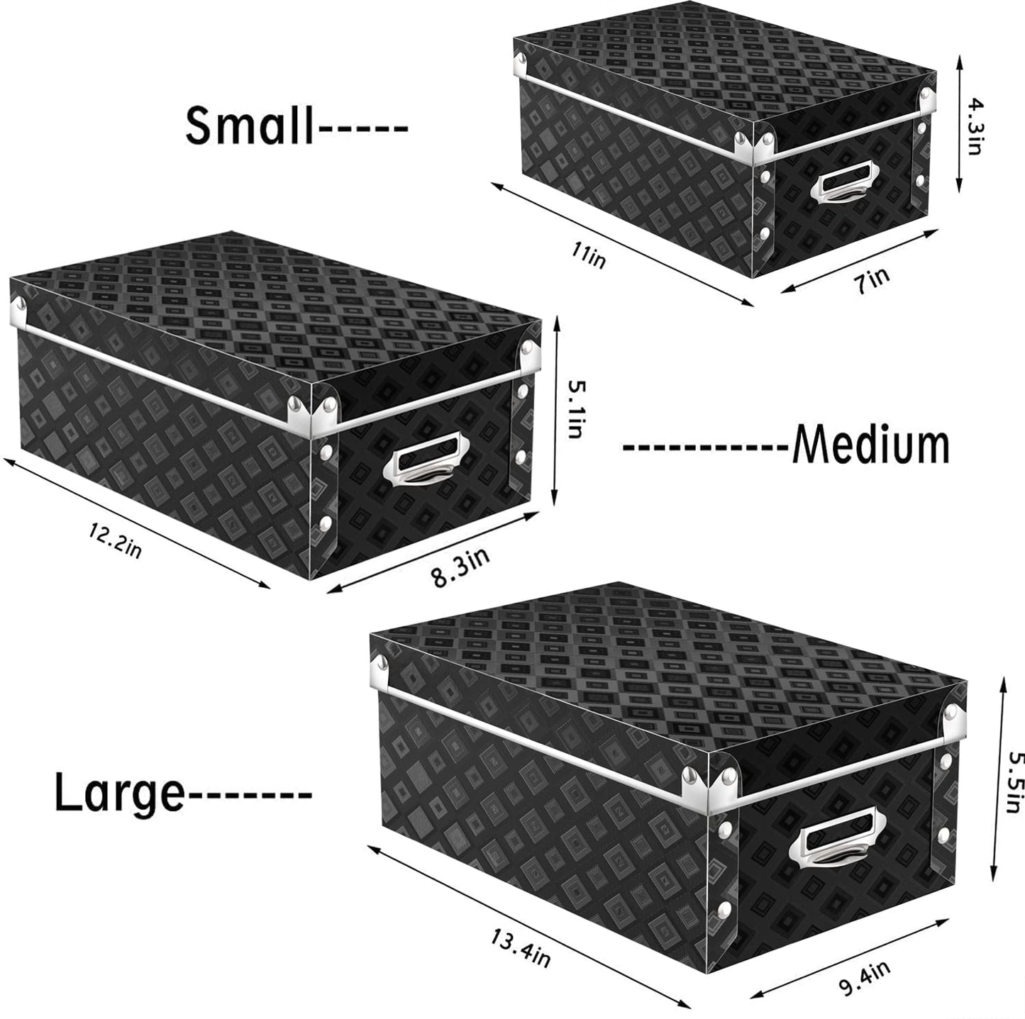 XUCHUN Storage Box with Lids (Black), Set of 3 Waterproof Foldable Plastic Box Multiple Sizes for Socks/Office