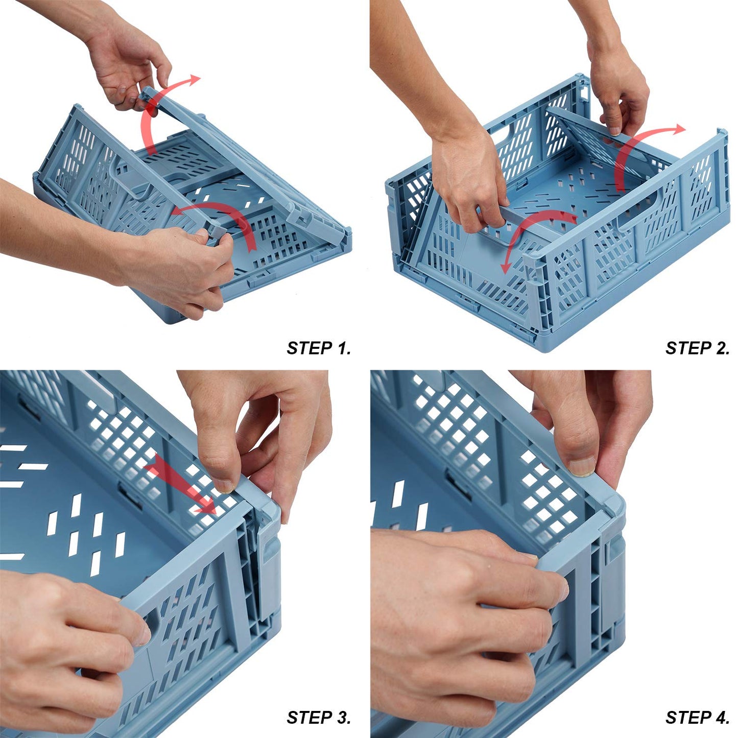 4 Pack Plastic Storage Crates Foldable Shelf Storage Basket Bins for Food Fruit Vegetables Snacks Bottles Toys Toiletries