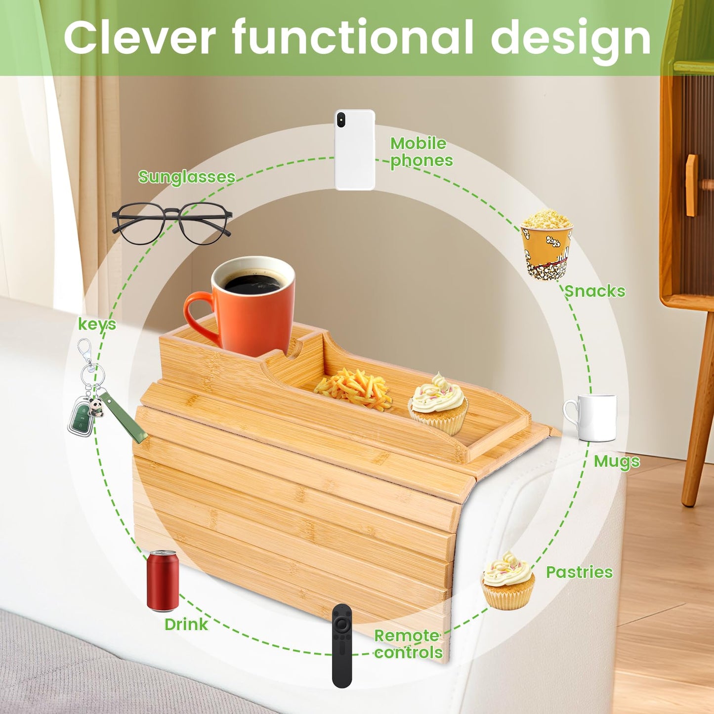 YUNYOUC Couch Arm Tray, Bamboo Sofa Table for Couch, Foldable Sofa Arm Tray with Cup Holder, Non-Slip Armrest Organizer for Drink, Cup, Snack, Control