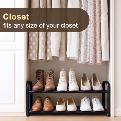 MIKVOYO 2 Tier Extendable Small Shoe Rack, Black Metal Adjustable Shoe Storage Racks for Inside Wardrobe Closet, Narrow Spaces, Hallway, Bedroom