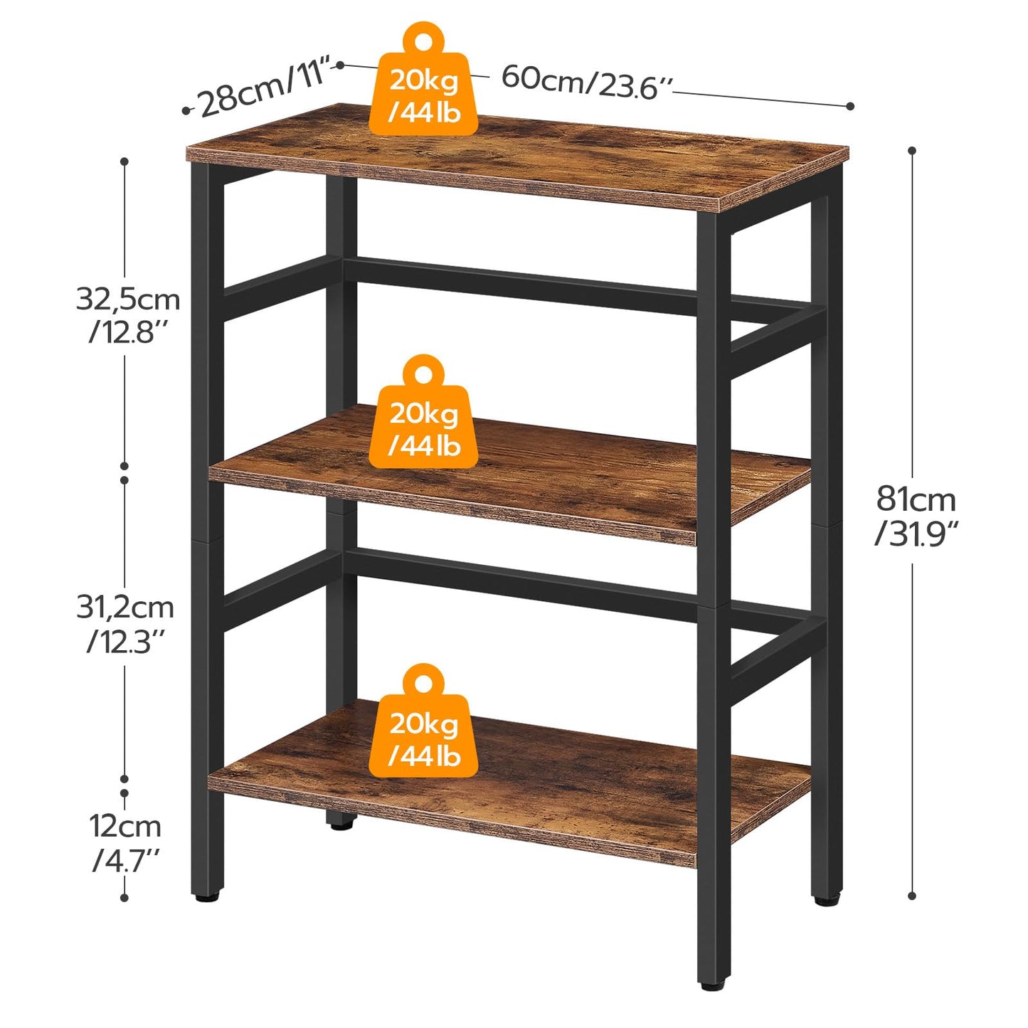 HOOBRO Tall Side Table, Record Player Stand, 3-Tier End Table, Plant Stand, 3-Layer Bookshelf, 60 x 30 x 81 cm, Industrial, for Living Room, Bedroom