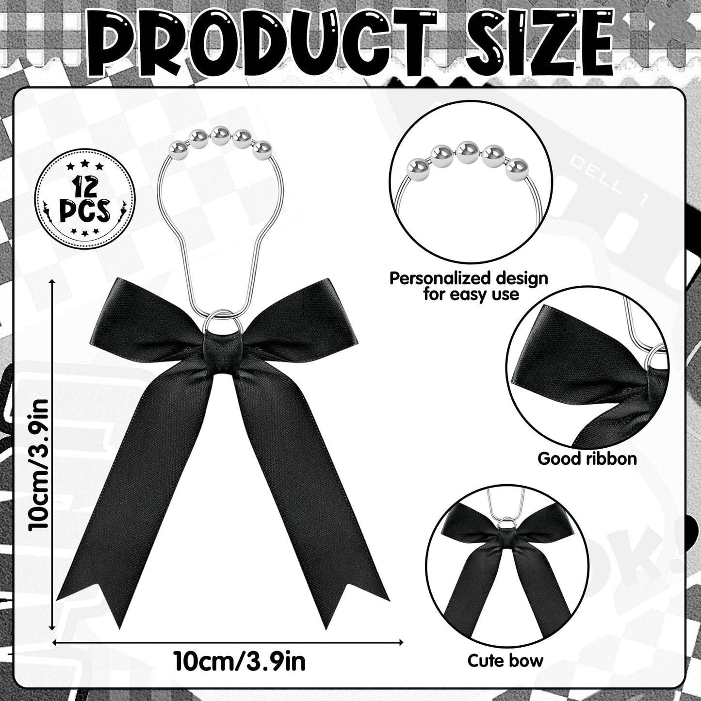 12 Black Bow Shower Curtain Hooks, Cute Bow Bathroom Accessories Decor Supplies, Stainless Steel Fine Workmanship Shower Rings Decor