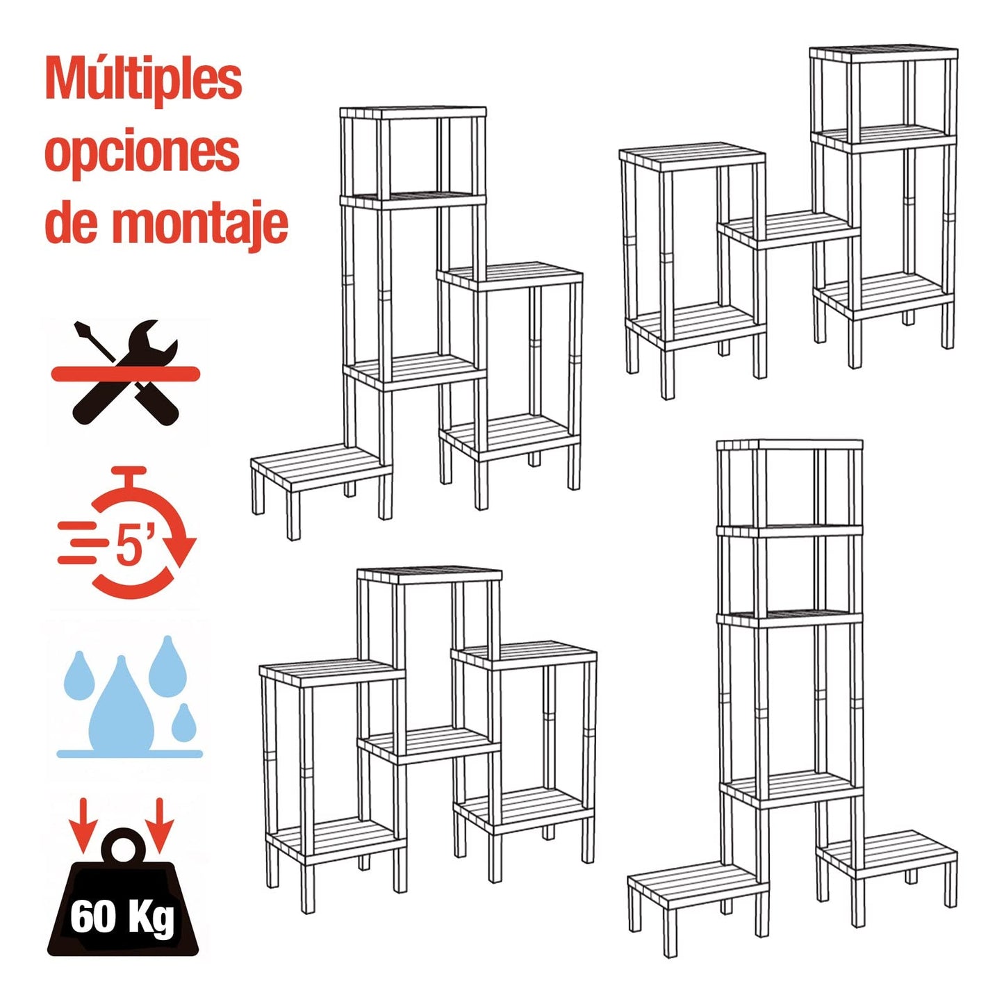TATAY Lombok Modular Shelf, 6 Shelves, Polypropylene, BPA Free, Wood effect, Non-Slip Bumpers, Max 10KG by Shelf, Easy Assembly, Brown.
