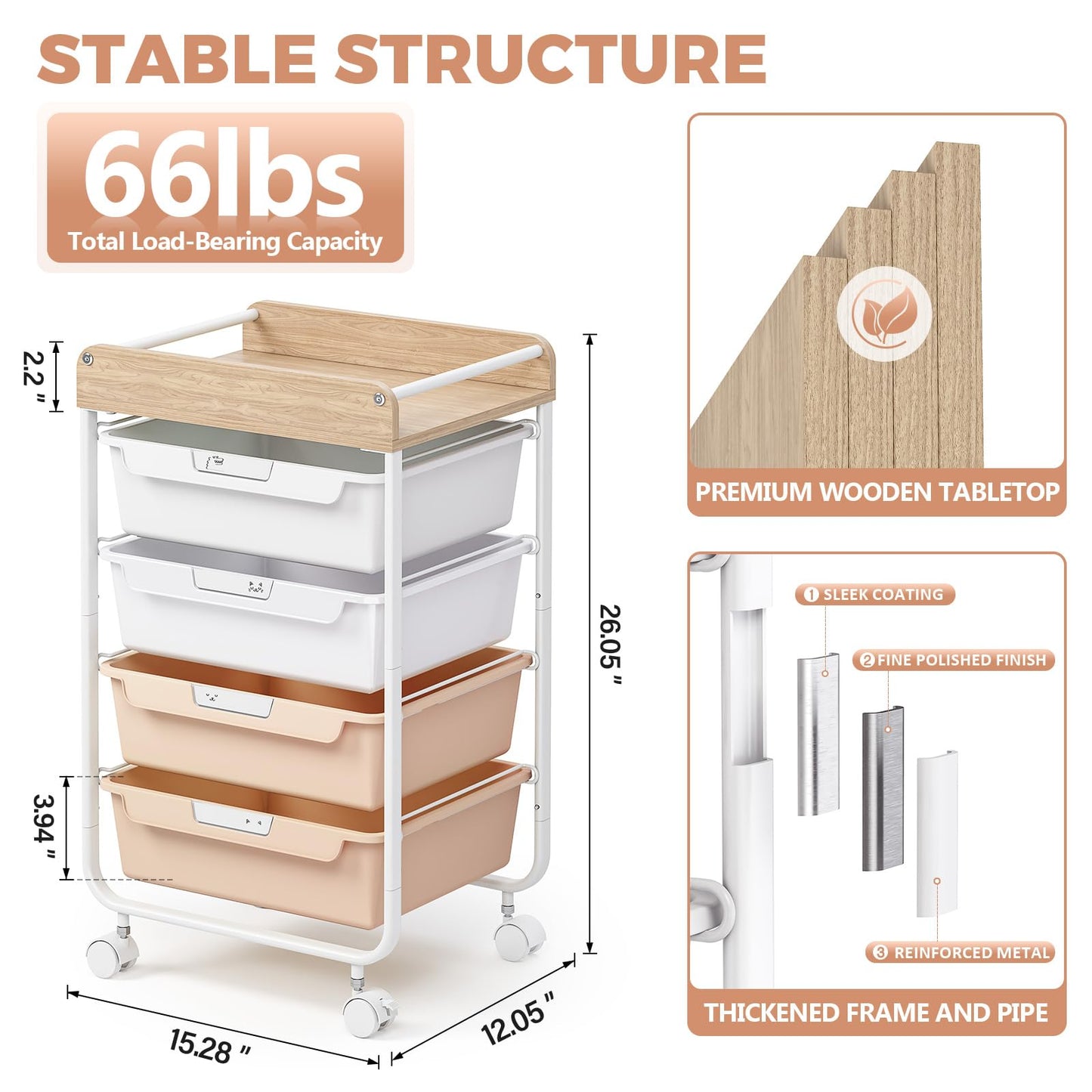 SYKIARIOL 4-Drawer Storage Trolley Rolling Cart, Pearl