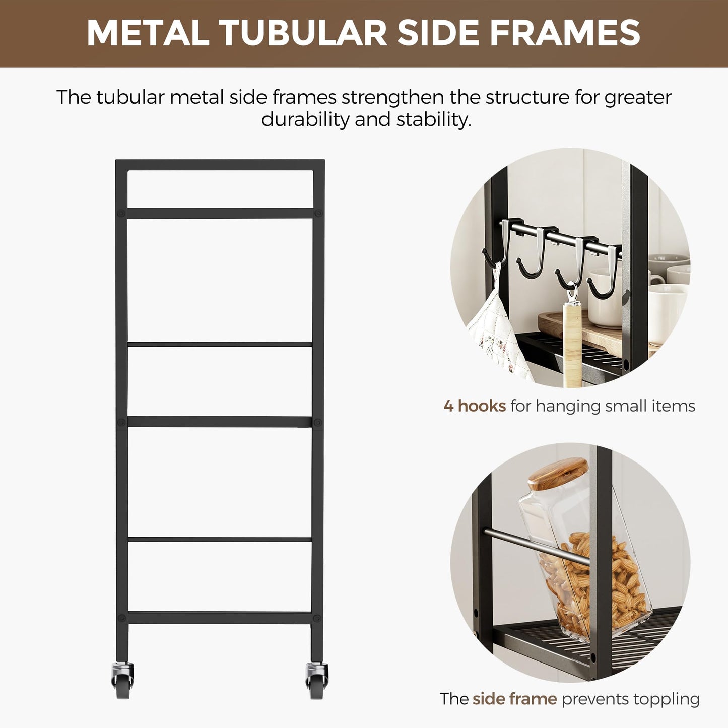 3-Tier kitchen trolley,Brown Wood Top,80W×30Dcm,4 Hooks, Adjustable Shelves