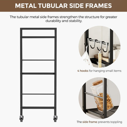 3-Tier kitchen trolley,Brown Wood Top,80W×30Dcm,4 Hooks, Adjustable Shelves