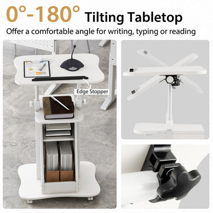 CASART Movable Laptop Table, Height Adjustable Computer Workstation with Storage Cabinet & Rolling Casters, Standing PC Desk for Home Office White