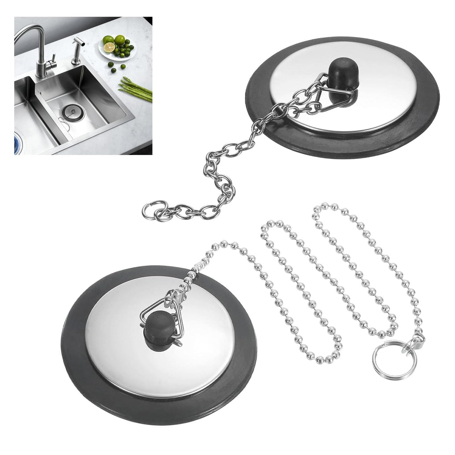 2 Pcs Universal bath plug with Stainless Steel Chain