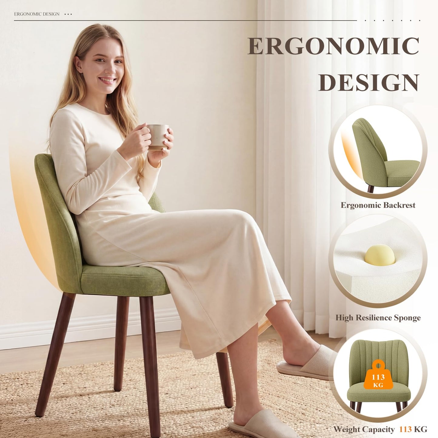 MALOL Upholstered Dining Chairs Set of 2, Fabric Chairs for Dining Room with Solid Wood Legs and Thick Seat Cushion