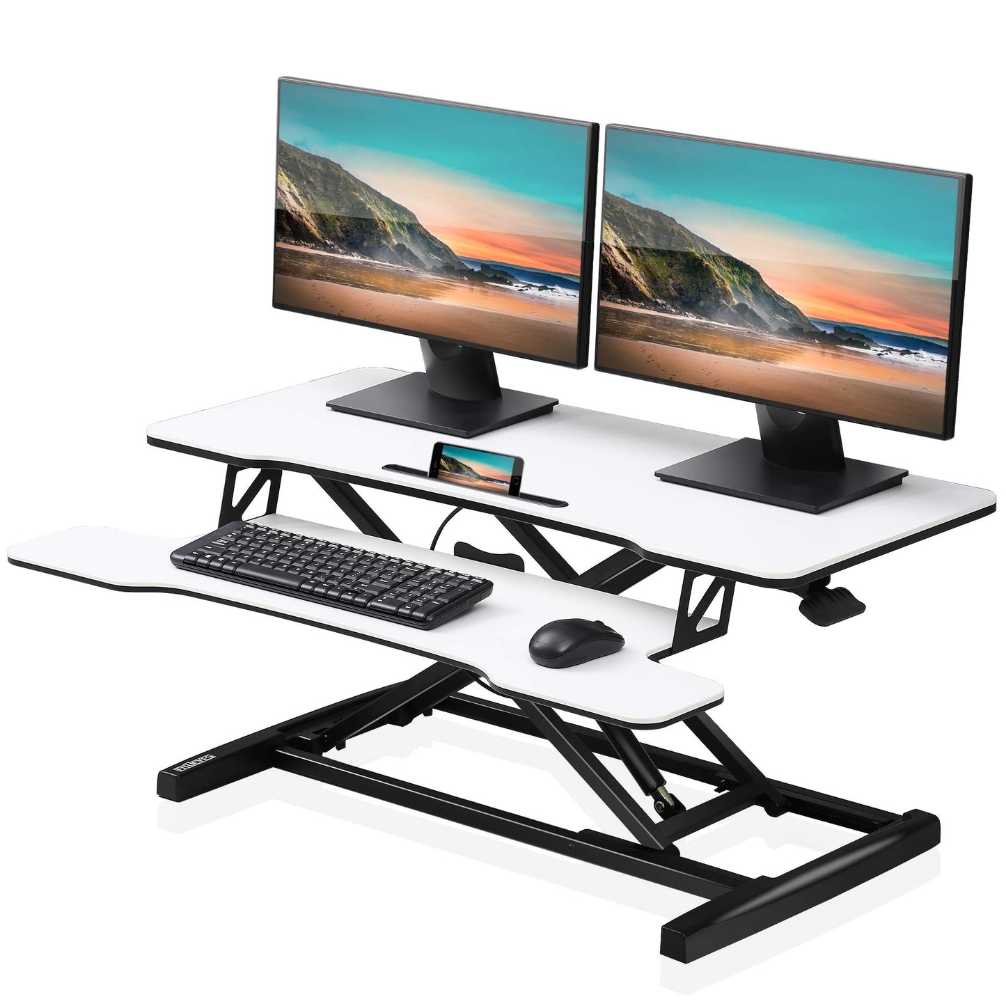 FITUEYES Standing Desk Converter 91.5x40 cm Height Adjustable Sit Stand Desk with Large Keyboard Tray and Phone Holder for Computer Laptop Dual