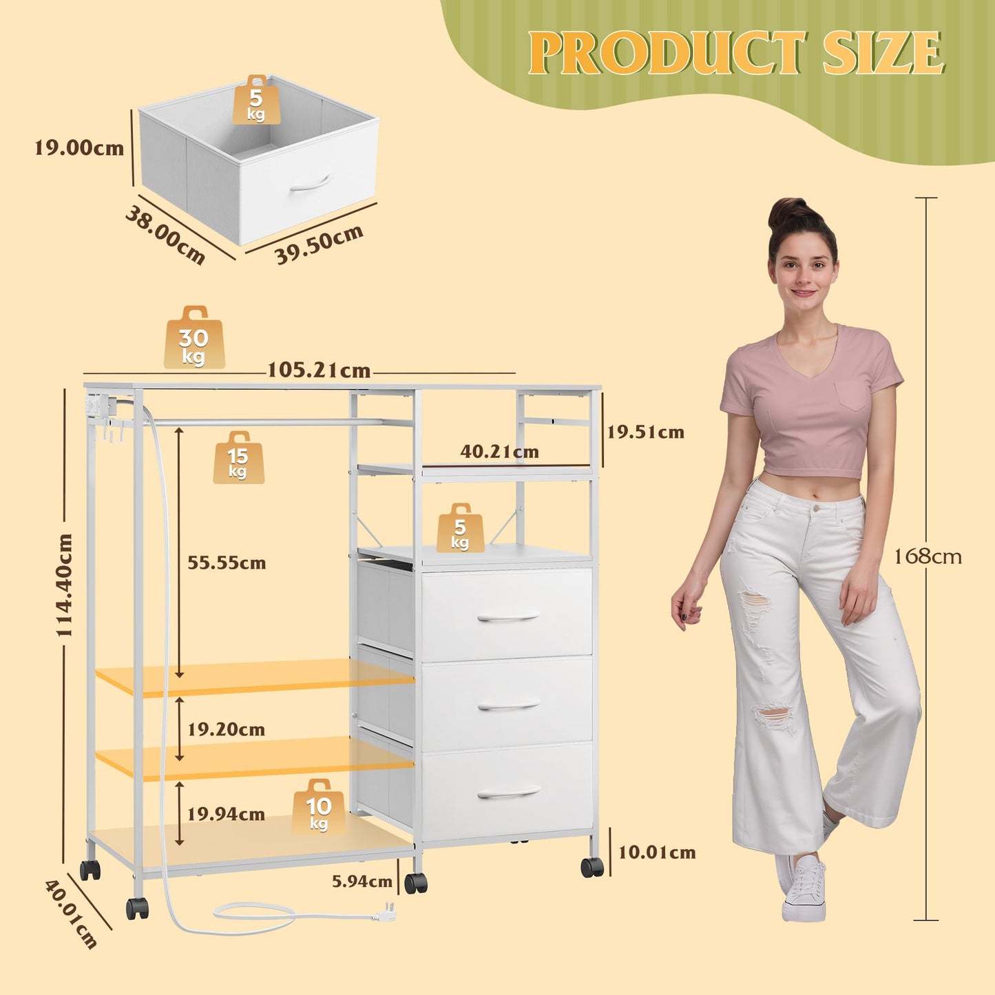 WLIVE White Chest of Drawers with LED & Charger, Fabric Open Wardrobe