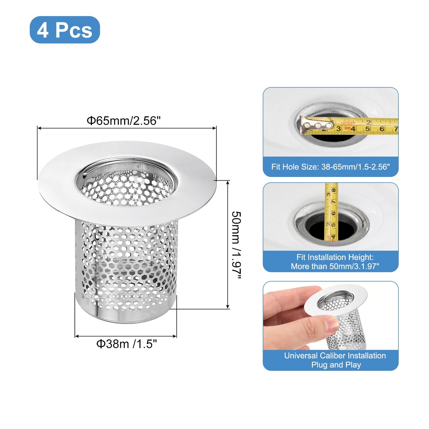 sourcing map 4 Pack Shower Drain Strainer, 2" x 2.6" 304 Stainless Steel Floor Drain Strainer Deep Sink Hair Catcher for Kitchen Bathroom Balcony
