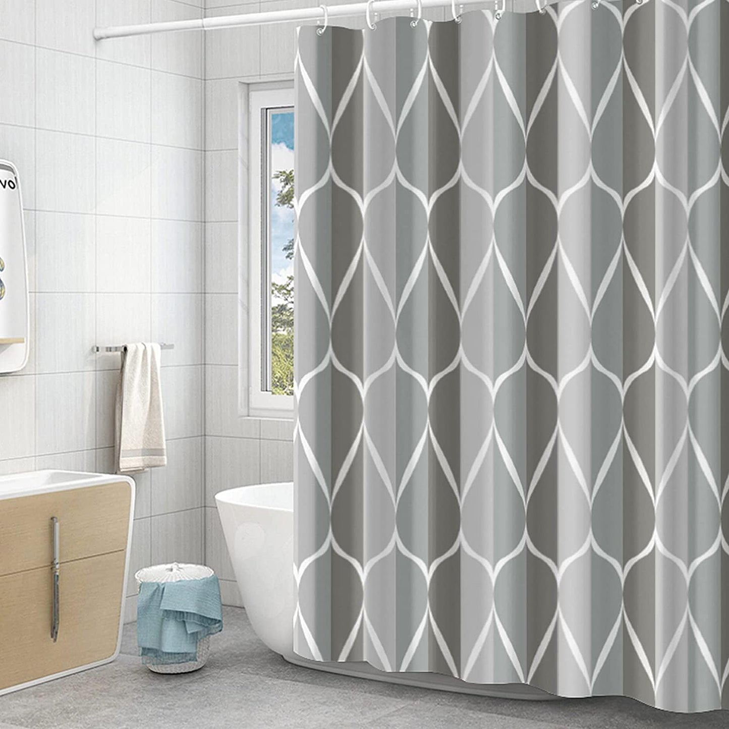 GERUIKE Shower Curtain 180 x 200 cm Waterproof Textile, Polyester Fabric Bathroom Curtains Weighted Hem,Washable Bath Curtain with 12 Shower Curtain