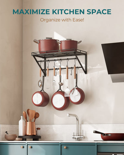 OROPY Wall Mount Pot Pan Racks, Saucepan Hanging Rack, Kitchen Utensils Hanging Shelf with 2 Rails, 12 Hooks, 60cm