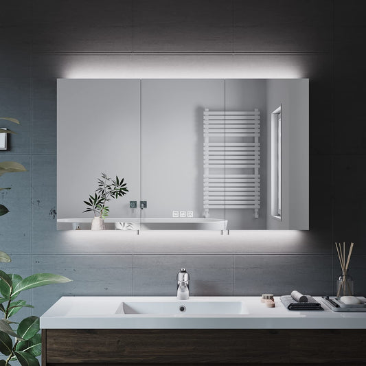 ELEGANT Triple Door Bathroom Cabinet with Shaver Socket Wall Mounted Stainless Steel Bathroom Mirror Cabinet with Three-color Infinitely Dimmable and