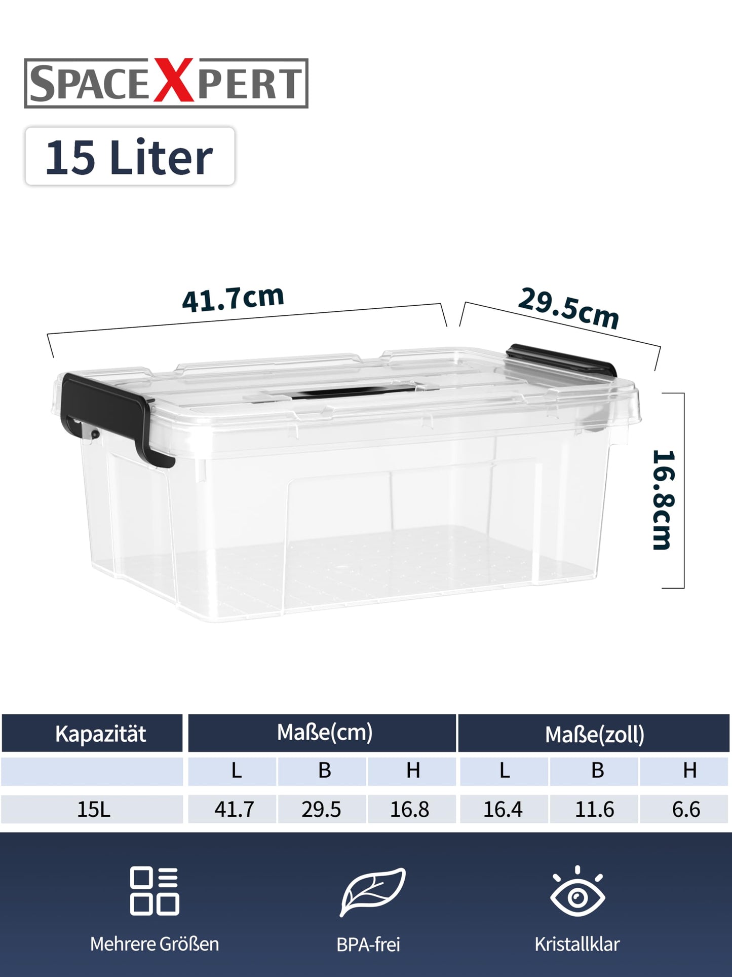 SpaceXpert Storage Boxes with Lid 15L, Plastic Storage Box with Handle, Stackable Container for Home Office Garage Accessories, Hand-Carryable Bin
