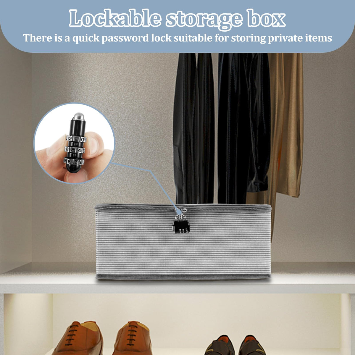 QINGLANG Foldable Fabric Storage Box with Zipper Lid Lockable Garment Bedding Storage Basket Organiser Combination Lock Box Stackable Cubes Lock Boxs