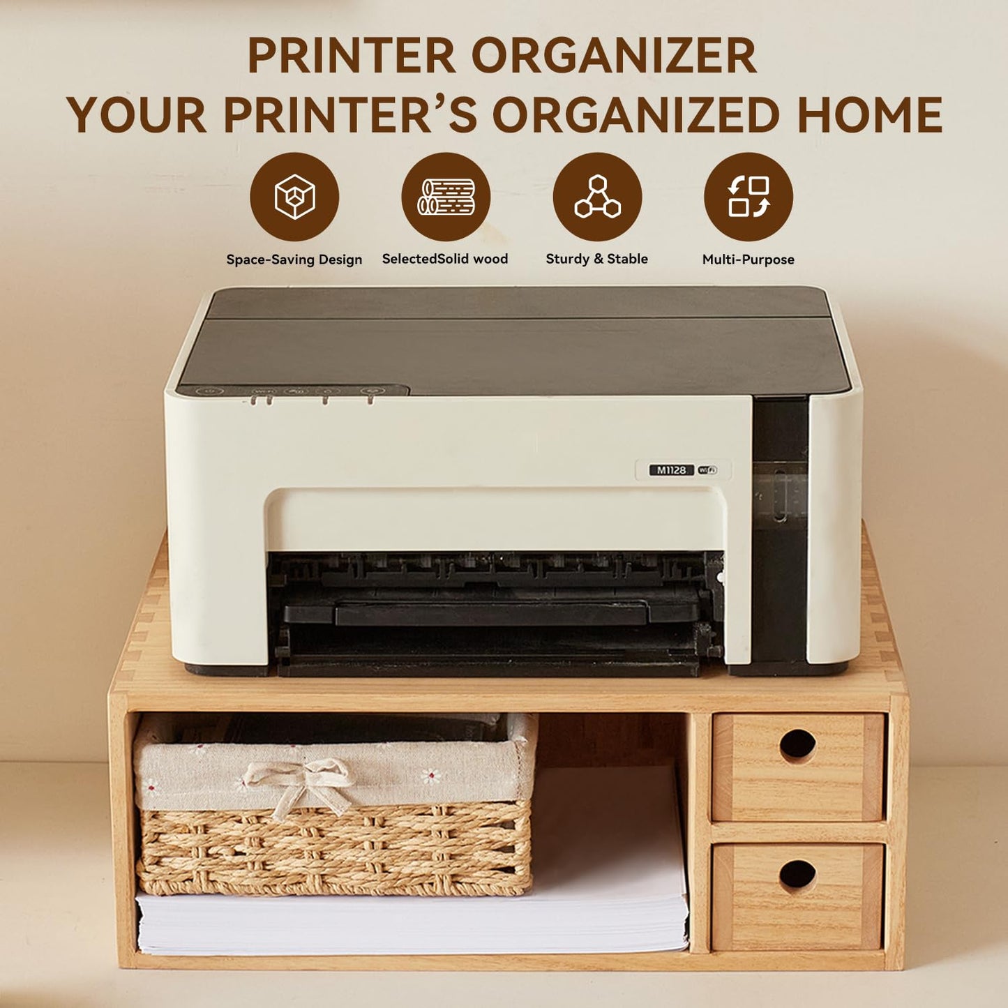 KIRIGEN Solid Wood Printer Stand with 2 Drawers & Open Compartment, Desk Tidy Organizer for A4 Paper, Office Supplies & Power Strip Storage