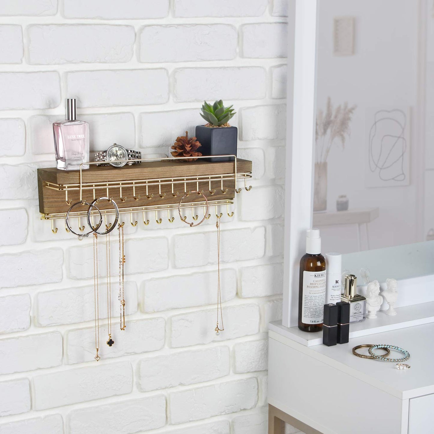 J JACKCUBE DESIGN Rustic Wood Wall Mounted Jewelry Organizer with 30 Gold Metal Hooks Display Shelf Storage for Necklaces, Bracelets, Earrings