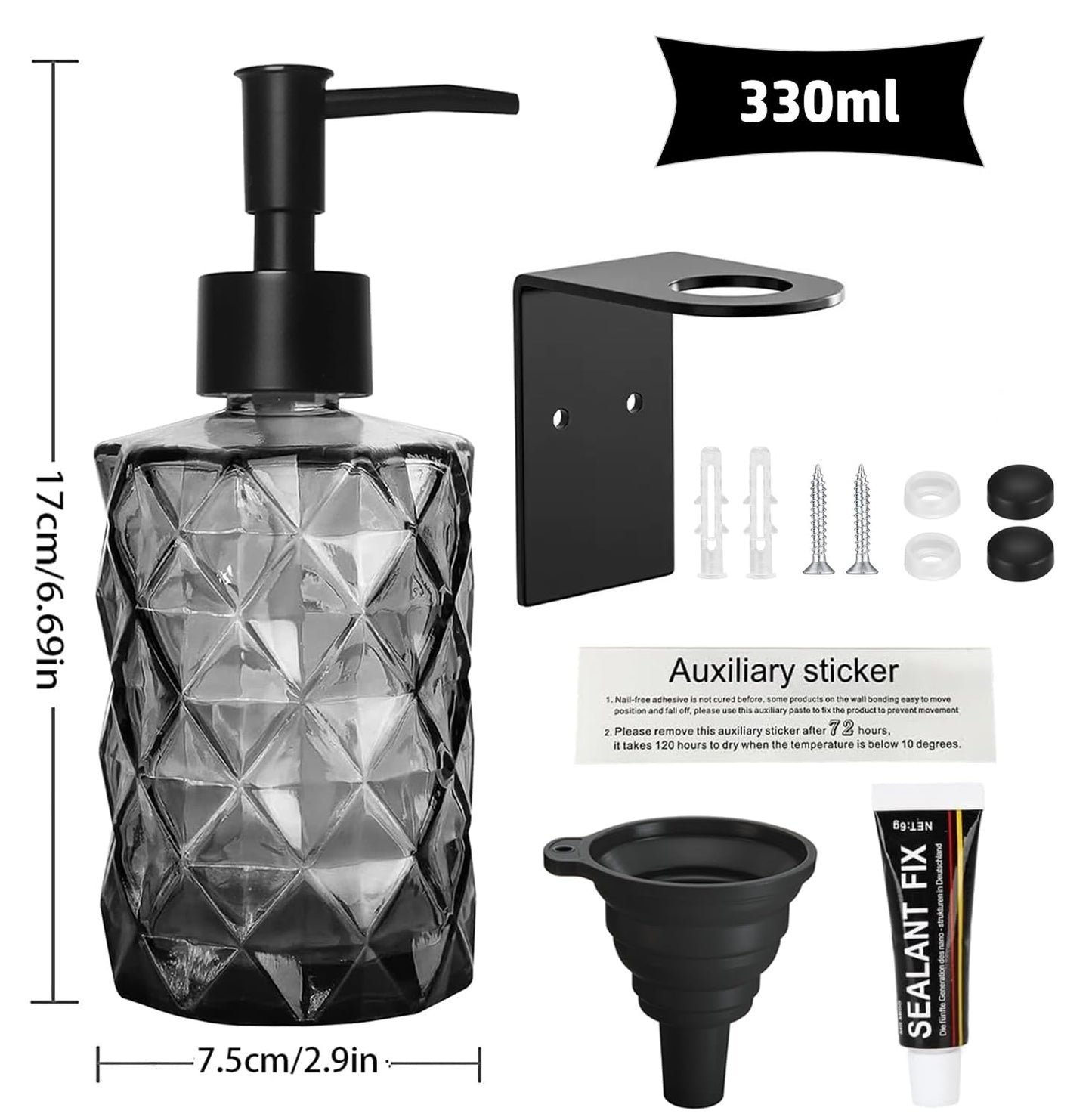 GKSCXEXE Wall Mounted Soap Dispenser, 330ml Glass Black Soap Dispenser