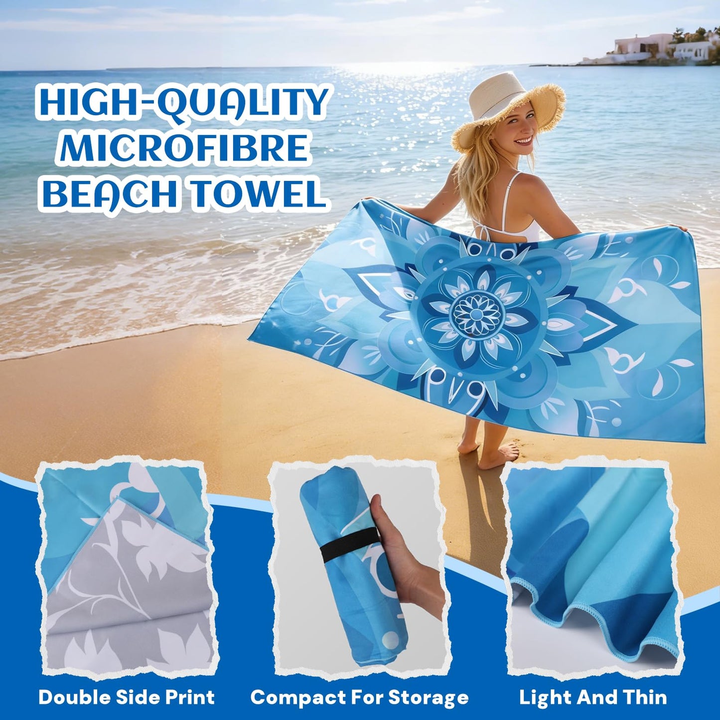 Anavasi 2 Pack Microfibre Beach Towels for Adults, 180 x 90 cm with Net Bag