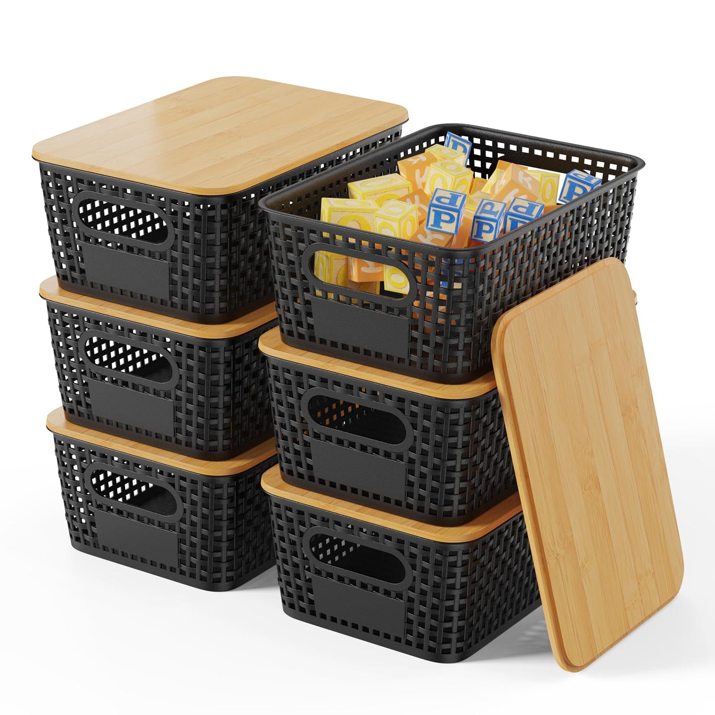 Shrivee Set of 6 Storage Boxes with Bamboo Lids, Bathroom, Kitchen Storage Boxes for Shelves, Cupboards, Cabinets and Home (Black, Set of 6 5 Litres)