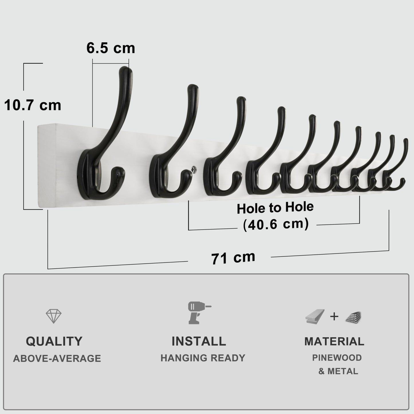 HONSKY Wall Coat Rack with 10 Double Hooks,71.5cm Wooden Coat and Towel Hanger Storage for Entryway, Bathroom, Bedroom