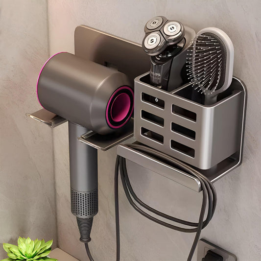 Jorun Hair Dryer and Straightener Holder Wall Mount - Multi-Functional Self-Adhesive Hair Brush Holder With Plug Hook and Storage Cup (Gun Gray)