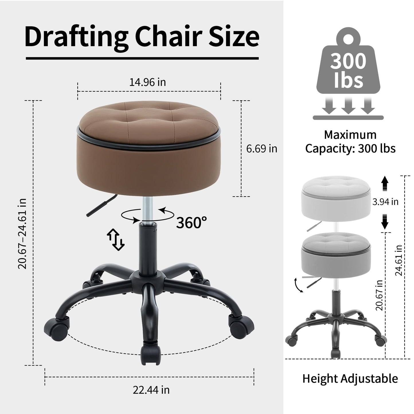 FIRAVOE Drafting Chair with Storage, Adjustable Desk Stool with Wheels 52.5–62.5 cm, Coffee Brown Ergonomic Office Stool