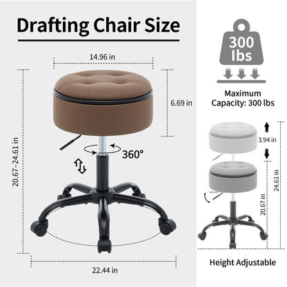 FIRAVOE Drafting Chair with Storage, Adjustable Desk Stool with Wheels 52.5–62.5 cm, Coffee Brown Ergonomic Office Stool