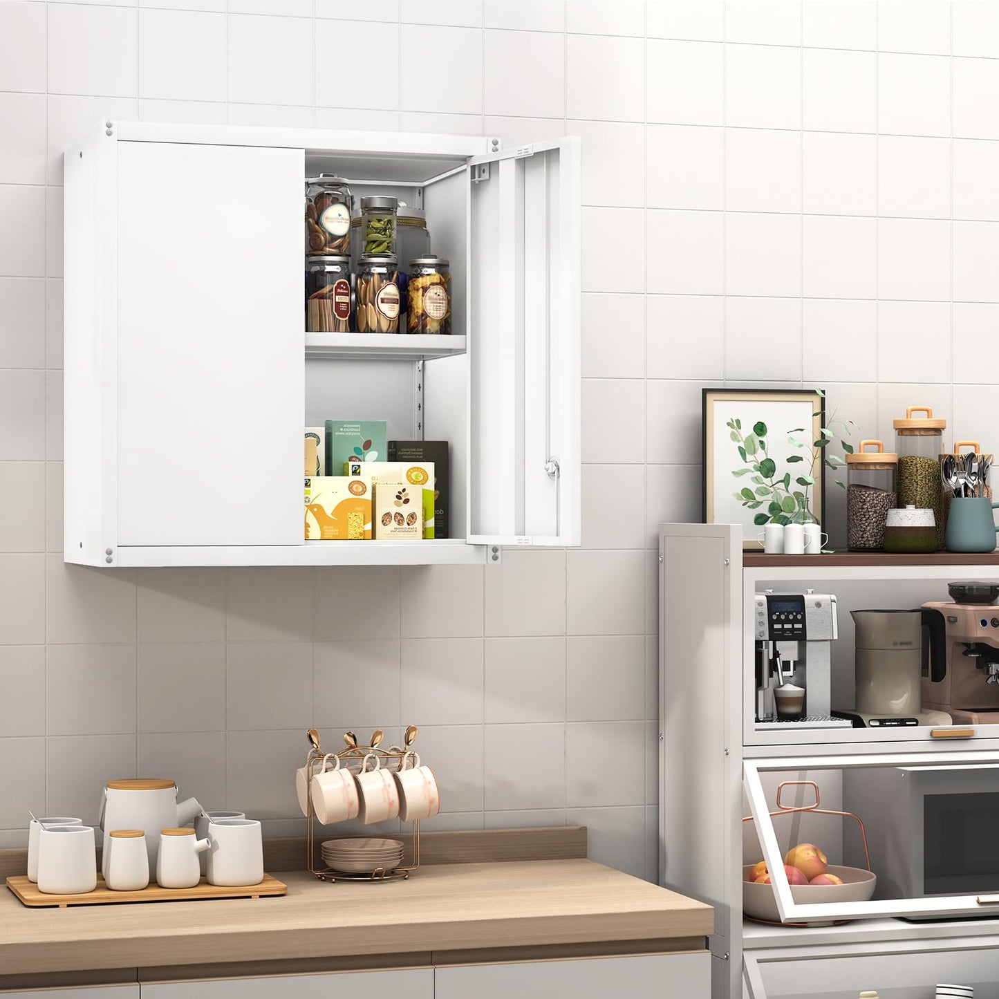 GREATMEET Metal Wall Cabinet, Wall Mounted Storage Cabinet with Lock for Garage Storage